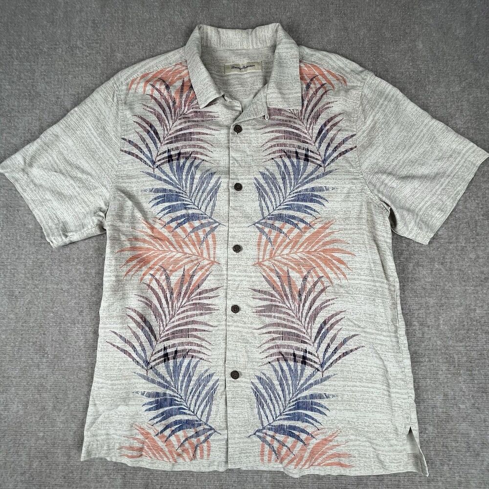 Tommy Bahama Size L Gray 100% Silk Loop & Wooden Button Floral